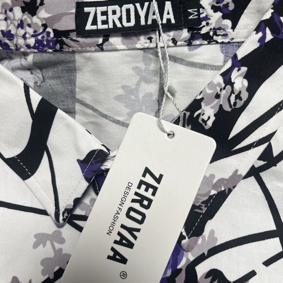 ZEROYAA Men's Poppy Floral Shirt Purple White Black Size Medium - Picture 7 of 7